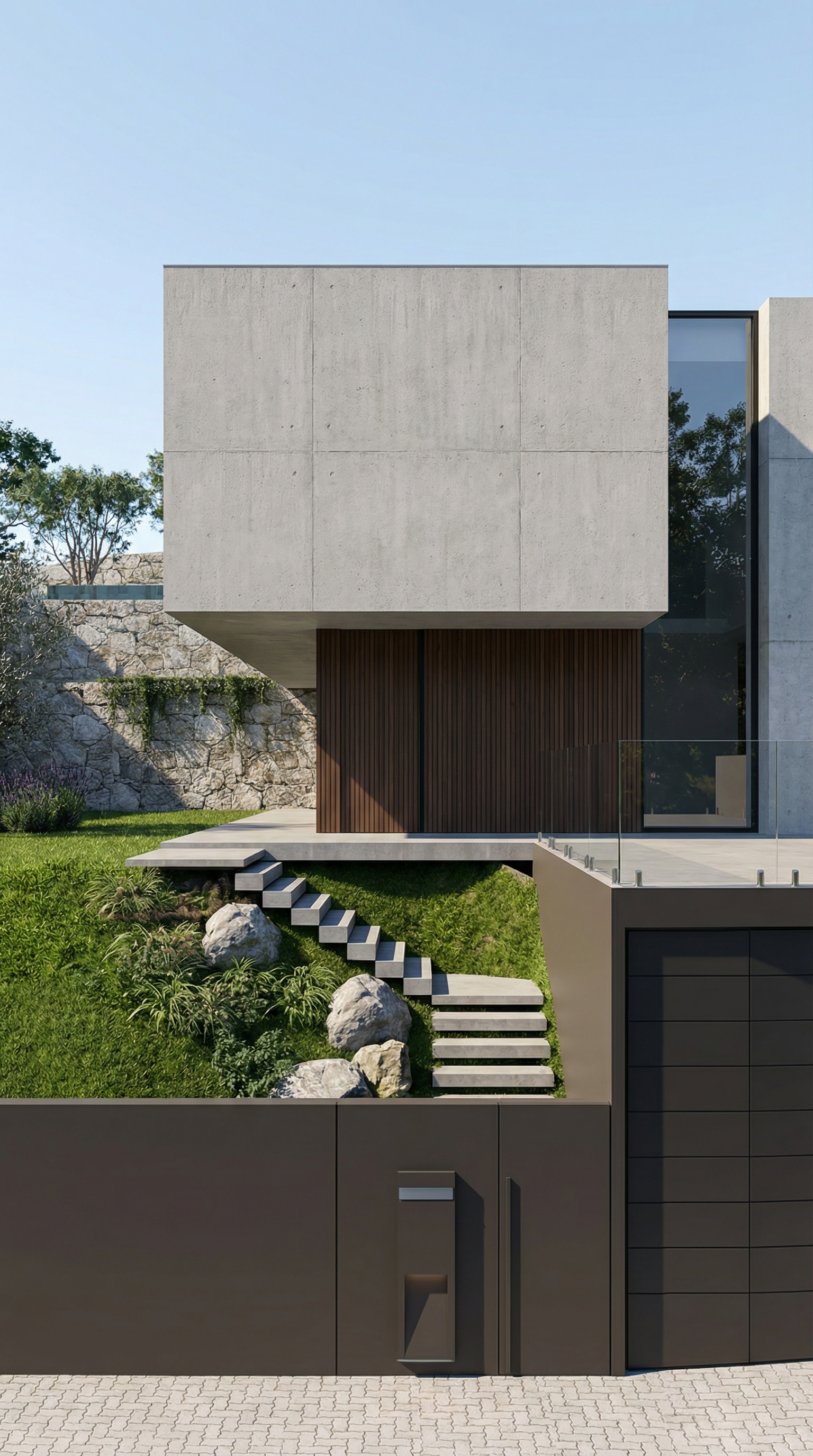 Simulação 3D da moradia T4, com volume em betão, revestimento em madeira e jardim em socalcos