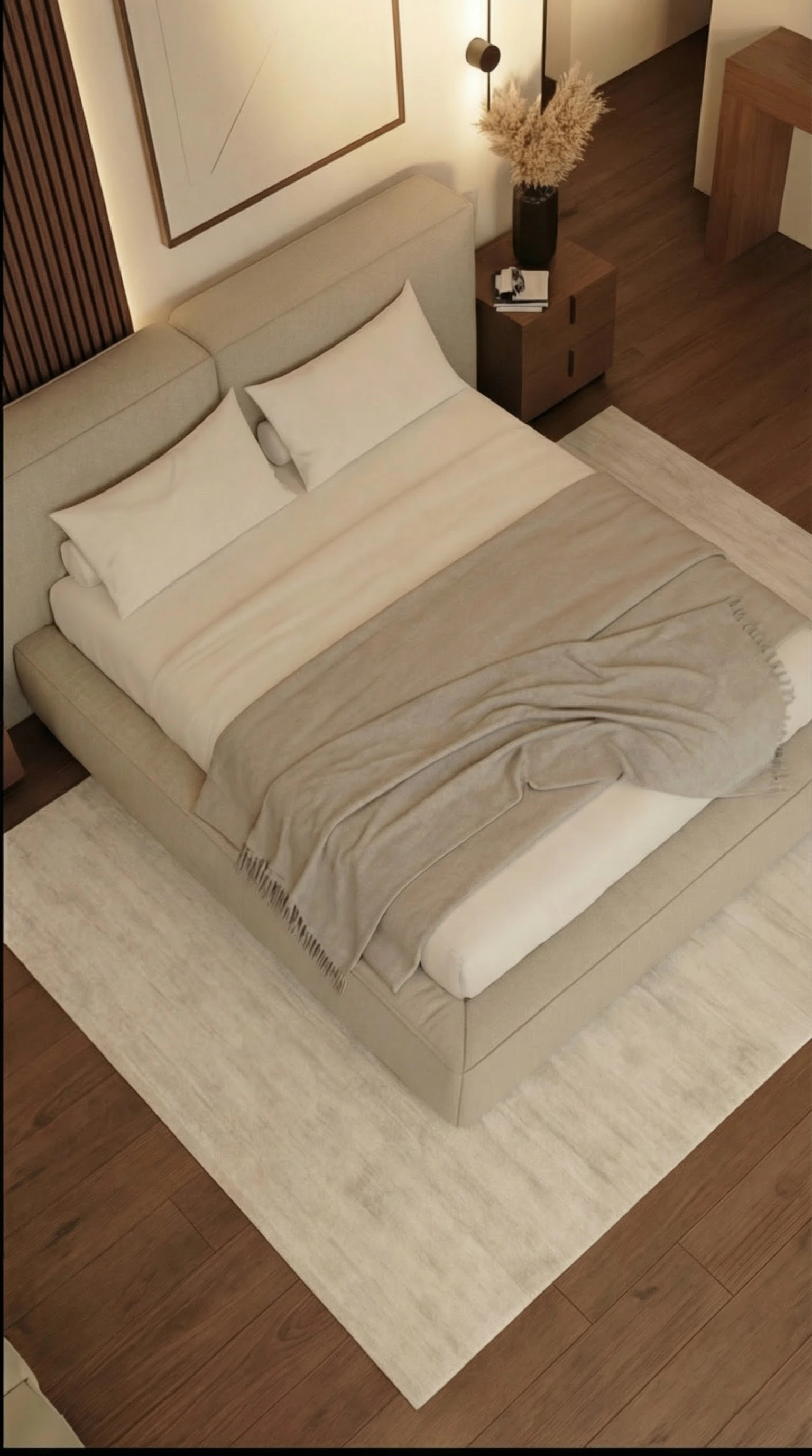 Simulação 3D do quarto principal visto de cima, com cama de casal e tapete