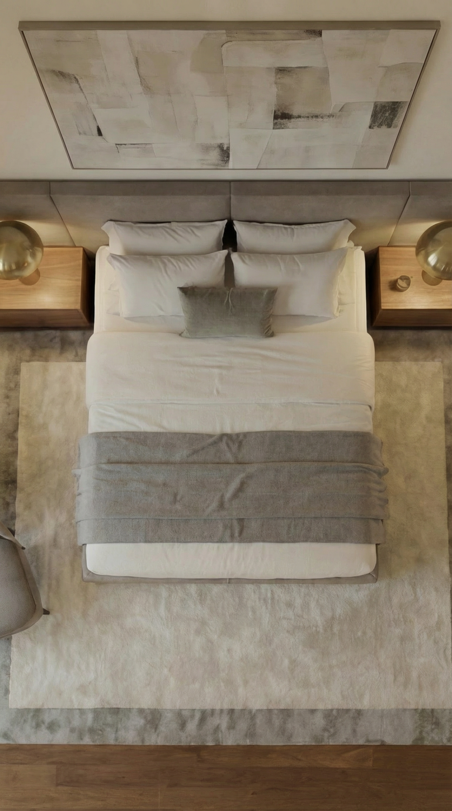 Quarto de casal visto de cima, com roupa de cama clara e manta cinzenta