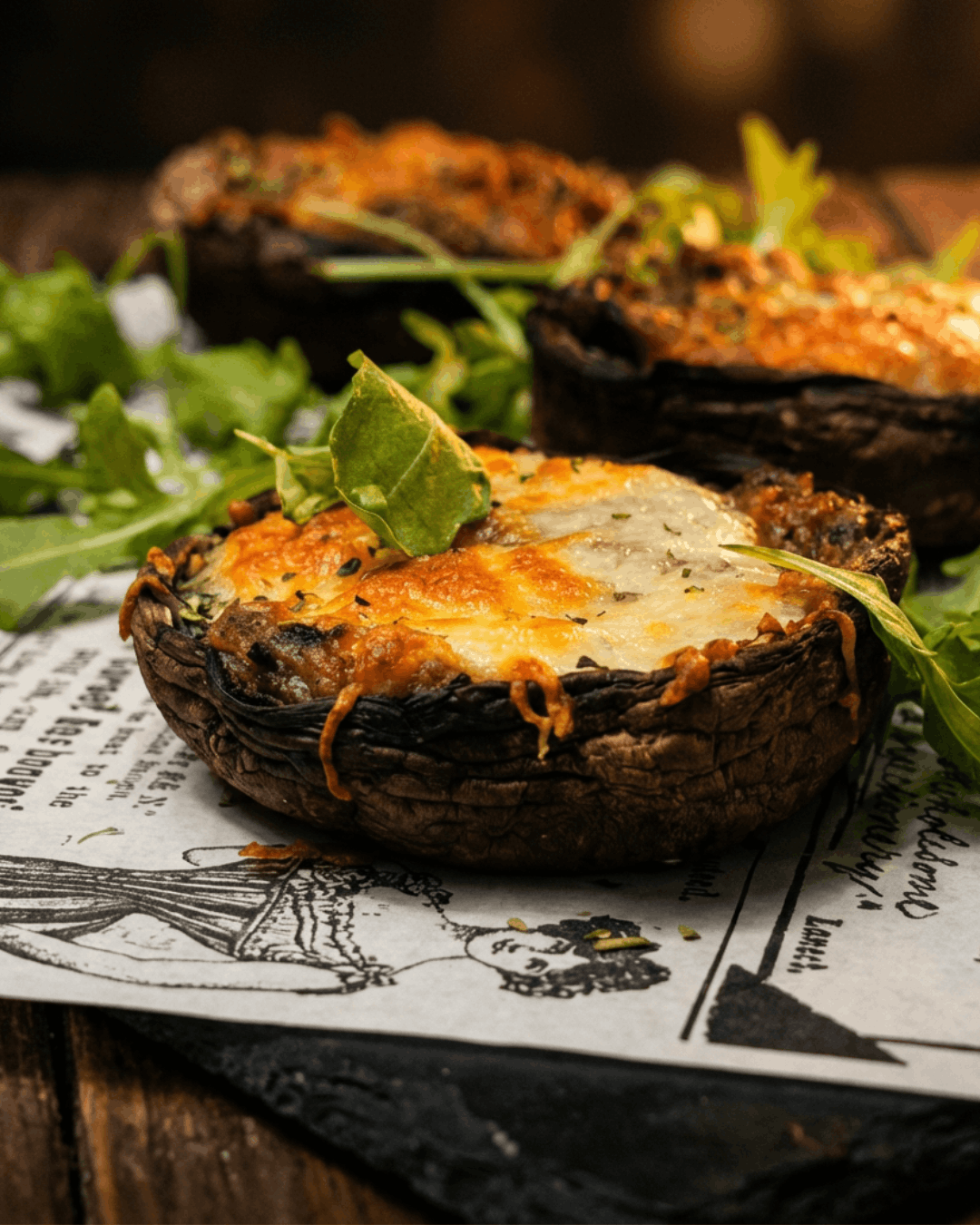 Cogumelos portobello gratinados com queijo