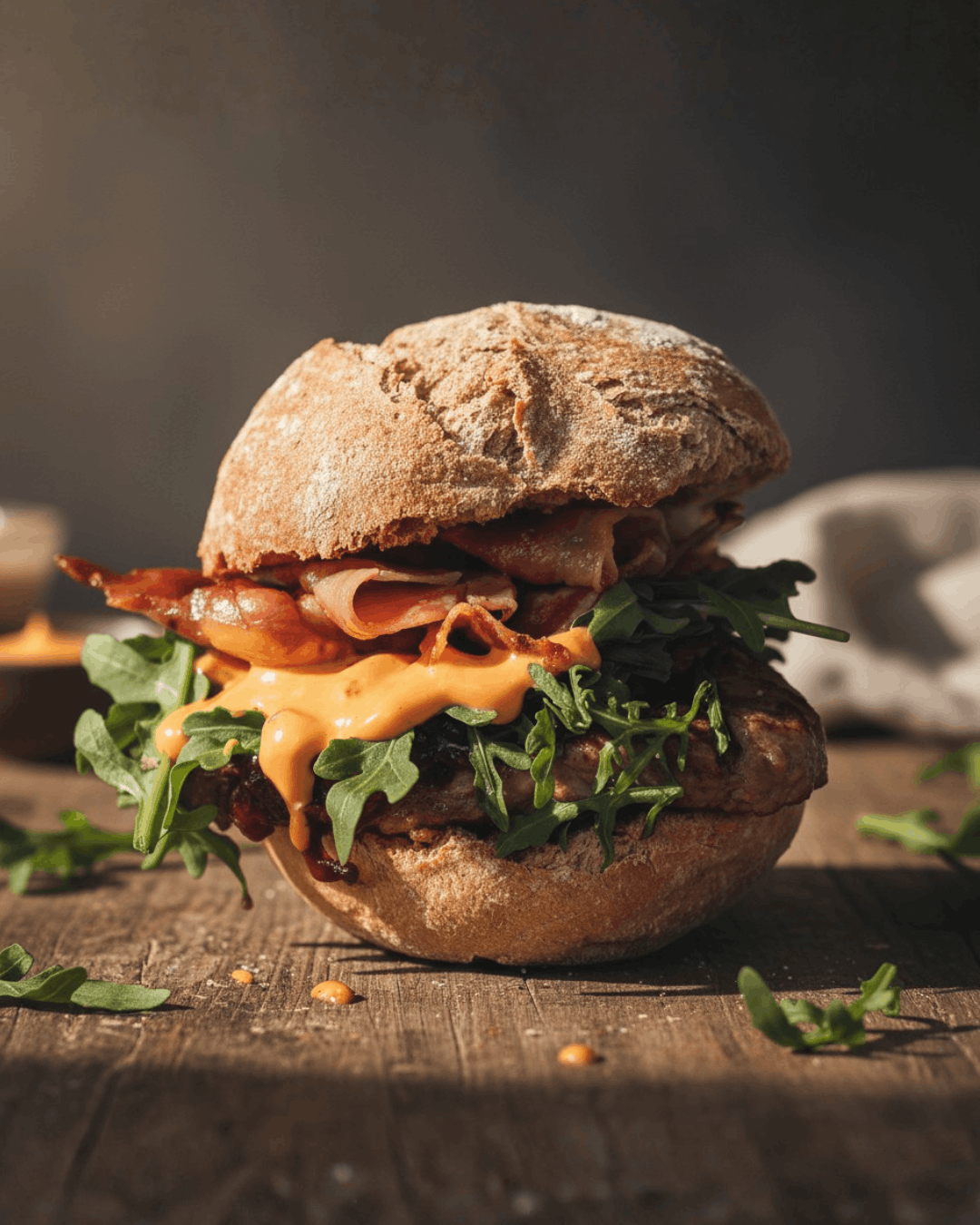 Prego americano em bolo do caco com rúcula e molho