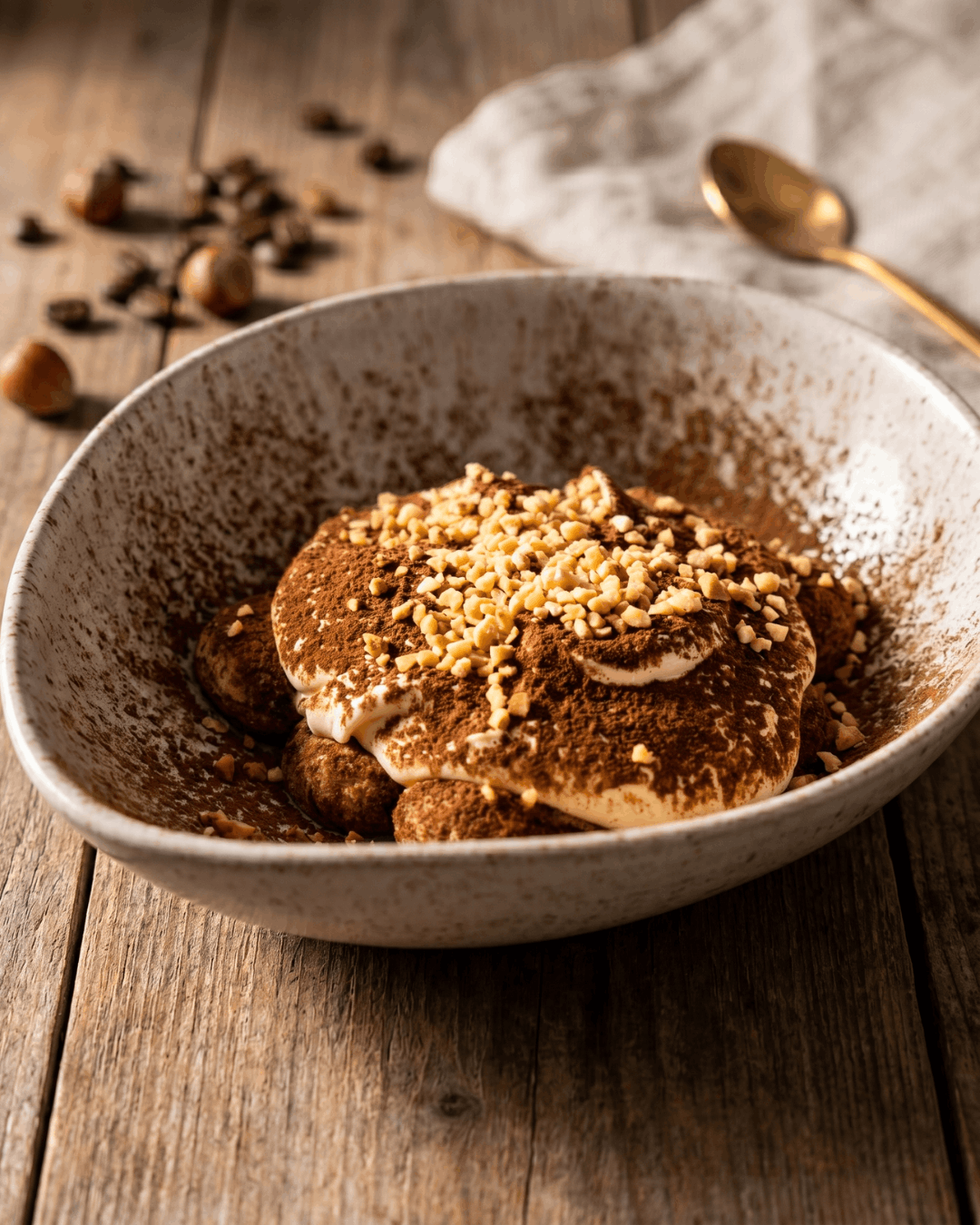 Tiramisù caseiro polvilhado com cacau e avelã